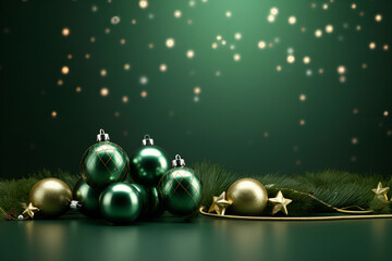 Square banner with gold and red Christmas symbols and text. Christmas tree, balls, golden tinsel confetti and snowflakes on green background. Header for website template
