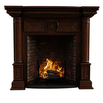 A 3d rendered illustration of a  fireplace made of wood with the fire on
