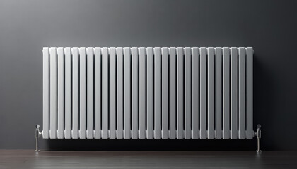 White radiator battery on grey background in apartment