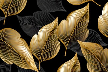 Japanese style gold leaf plant on black background, modern, art deco wallpaper background pattern. Line design for interior design, textiles, textures, posters, wrapping paper, gifts. luxurious.