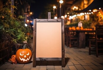 Empty vertical wooden sign for halloween. AI Generated.