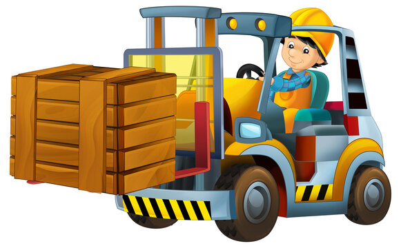 recommend clip art: cartoon scene with worker in forklift operator isolated illustration for children