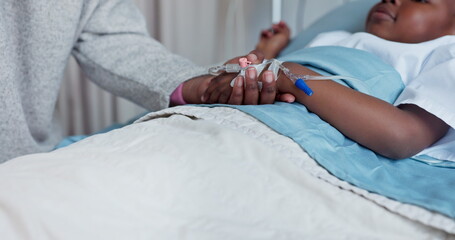 Obraz na płótnie Canvas Hospital, bed and parent holding hands with child for comfort, compassion and care with iv drip. Healthcare, family and support, love and trust for kid for medical service, wellness and treatment