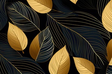 Japanese style gold leaf plant on black background, modern, art deco wallpaper background pattern. Line design for interior design, textiles, textures, posters, wrapping paper, gifts. luxurious.