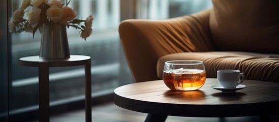 Coffee table and armchair in a windowed room with tissue and glass Dim lighting Glass in focus - obrazy, fototapety, plakaty
