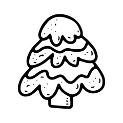 Vector cozy doodle tree illustration. Hand-drawn fir-tree on white background. Outline Scandinavian spruce with snow. Happy New Year, Merry Christmas holiday celebration symbol. Festive cute sign