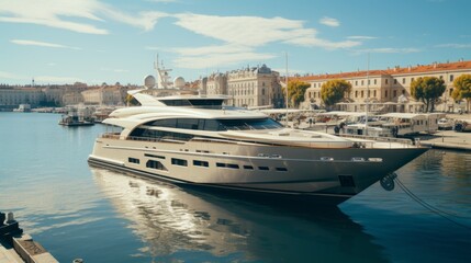 Luxury yacht moored in picturesque bay of beautiful ancient Mediterranean city. Ultra-modern megayacht reflected in water under the bright summer sun. Luxury tourism and romantic sea cruises concept.