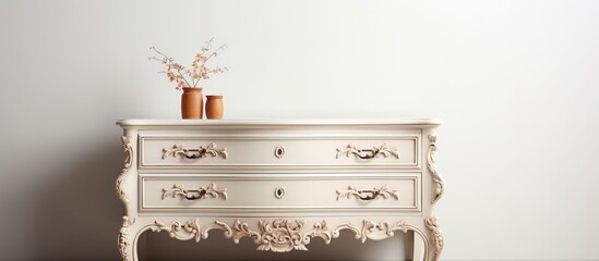 Carved vintage chest of drawers vanilla color on white background