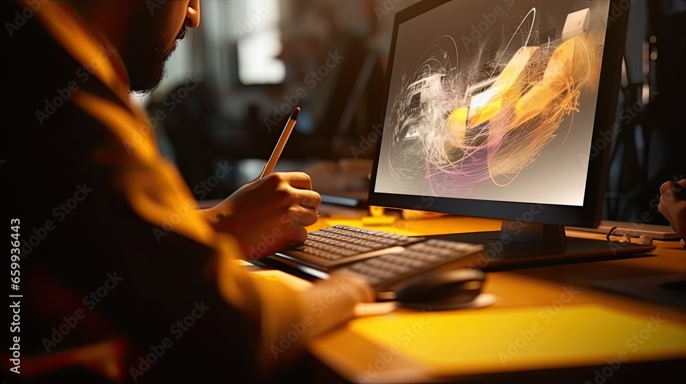 Poster graphic designer work on computer with graphic drawing pen while brainstorming unique design with pr