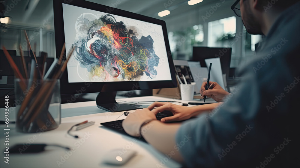 Aufkleber graphic designer work on computer with graphic drawing pen while brainstorming unique design with pr