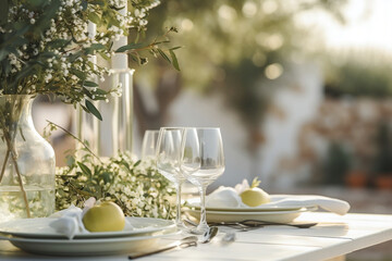 Empty plate on party table in country style, summer season - 659936411