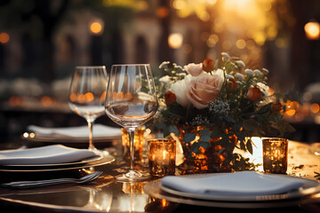 Empty plate on party table in country style, evening - 659936413