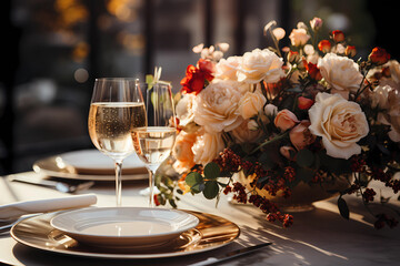 Empty plate on party table in country style, autumn season - obrazy, fototapety, plakaty