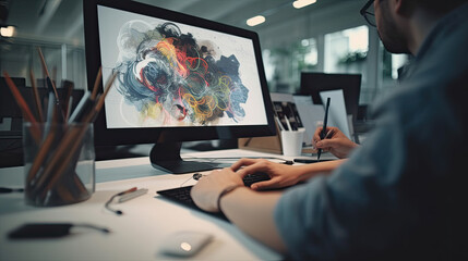 Graphic designer work on computer with graphic drawing pen while brainstorming unique design with professional graphic team in modern digital studio workplace