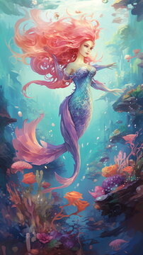 A mermaid at the bottom of the sea. Illustration 