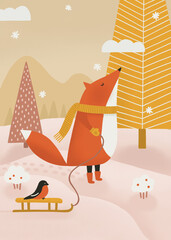 Cute cartoon fox and bullfinch in forest in yellow orange blush colors. Funny winter woodland animal and bird kids illustration for holiday Christmas card or postcard