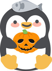 Cute penguin holiding a pumpkin