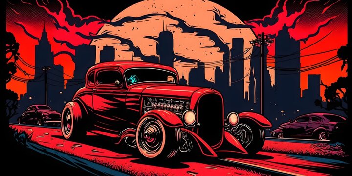 1932 Ford Coupe six pack a big red moon and tall buildings in background racing thru the streets anime style and pop art graphic style overhead lighting dramatic lighting sleek powerful luxury 8k 