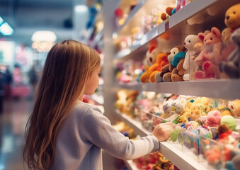 Little girl in toy store looking for new toys to buy.Macro.AI Generative
