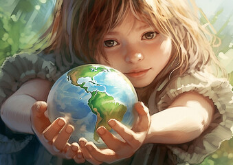 Little girl giving planet earth globe to grownup to save and protect our beautiful home.Macro.AI Generative.