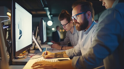 Graphic designer work on computer with graphic drawing pen while brainstorming unique design with professional graphic team in modern digital studio workplace