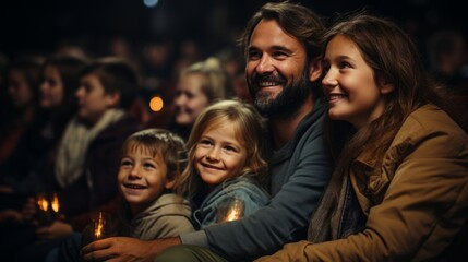 Fototapeta premium Cheerful caucasian family watching a movie in cinema theater. Father, mother, daughter and son spending weekend together. Happy smiling parents and kids enjoying communication and shared leisure time.
