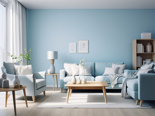 A soothing appartment blue interior. AI Generation.