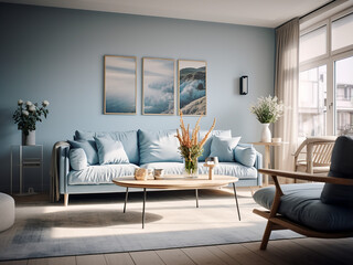 Appartment blue with stylish furniture. AI Generation.