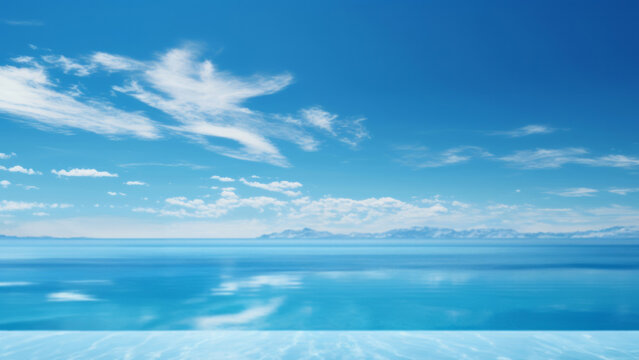 Infinity pool against blue landscape. Blue-sky. Background concept.