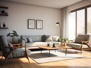 Naklejka na ściany i meble Minimalist appartment Clean lines, stylish furniture. AI Generation.
