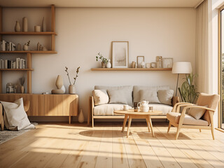 Light wood apartment interior with modern furniture. AI Generation.