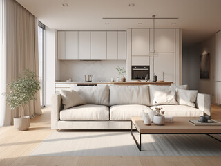 A pristine white apartment with tasteful furniture and a cozy room. AI Generation.