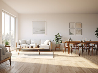 Fototapeta premium A serene apartment with white walls and a beautifully designed interior. AI Generation.