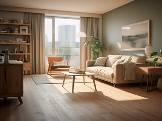 A minimalist apartment adorned with chic furniture. AI Generation.