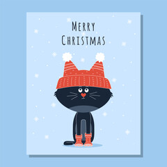 A Christmas card with a picture of a dark cat in a red cap and red socks. Vector illustration. Hand draw, cartoon.
