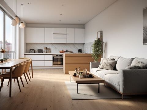 A well-lit apartment showcasing exquisite room decor. AI Generation.