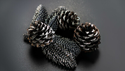 Sophisticated elegant adult Christmas decorations, offering an exquisite artisanal touch with pine cones and spruce branches on dark background