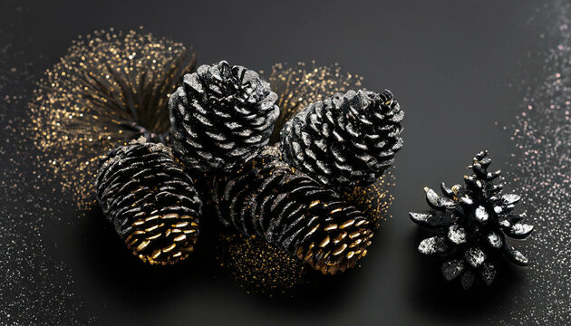 Sophisticated elegant and adult Christmas decorations, offering an exquisite artisanal touch with pine cones on dark background