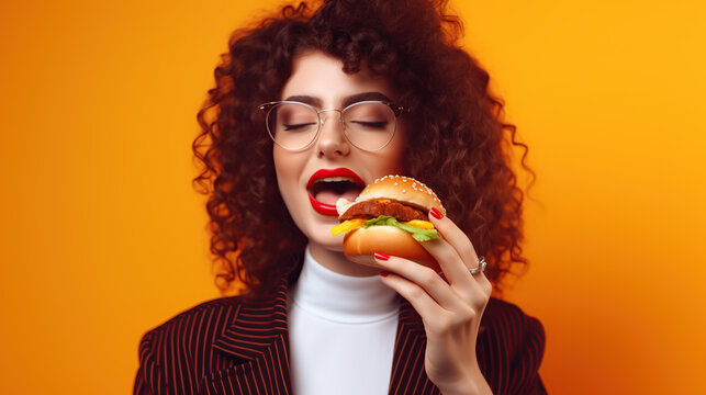 businesswoman eating hamburger 