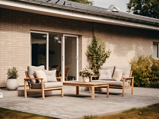 A classic beige backyard exterior for your dream home. AI Generation.