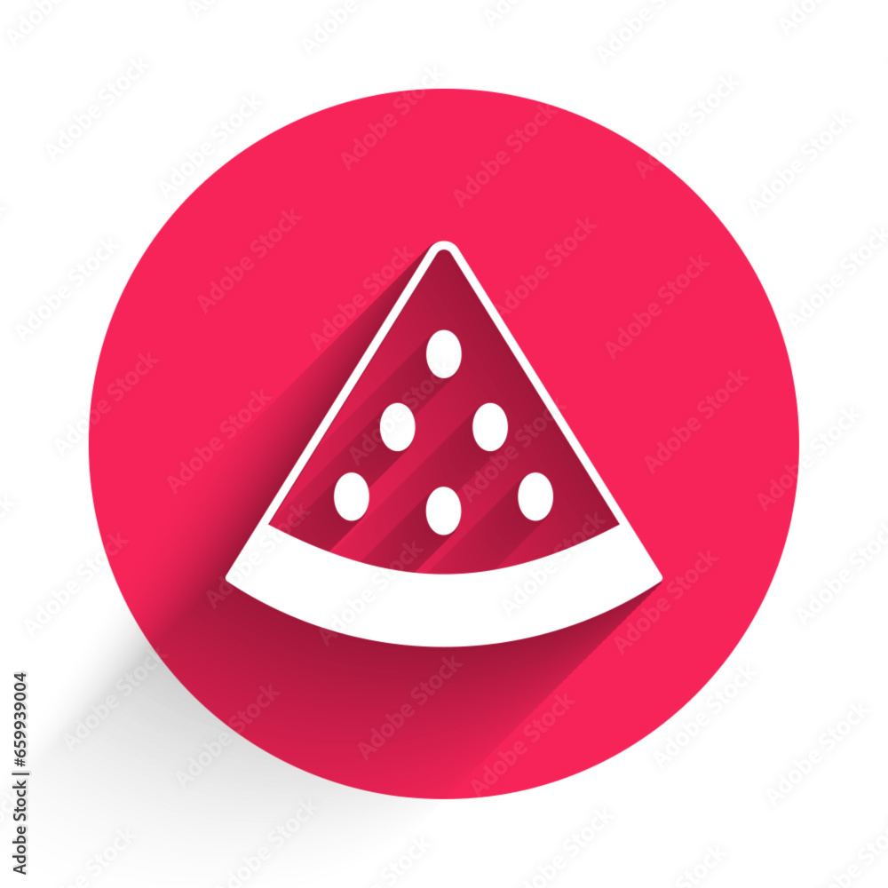 Poster white watermelon icon isolated with long shadow background. red circle button. vector