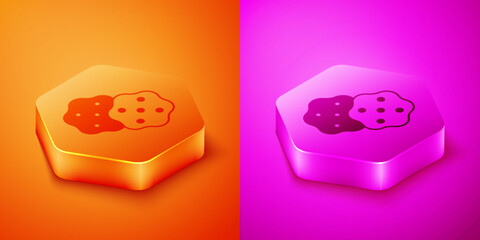 Isometric Cracker biscuit icon isolated on orange and pink background. Sweet cookie. Hexagon button. Vector