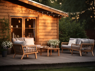 Obraz na płótnie Canvas A refreshing light wood backyard exterior showcasing elegant home design. AI Generation.