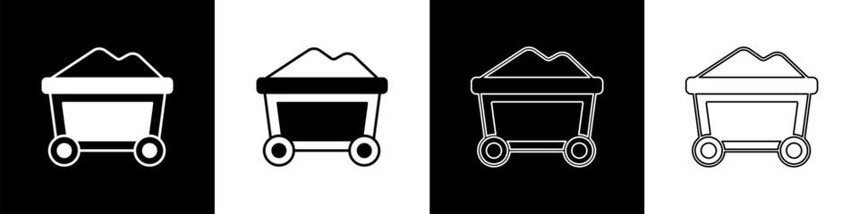 Set Mine cart with gold icon isolated on black and white background. Vector