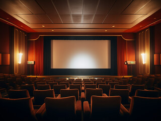 Fototapeta premium Cozy beige cinema room with elegant furniture, interior design. AI Generation.