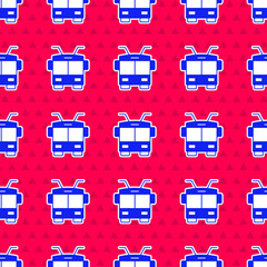 Blue Trolleybus icon isolated seamless pattern on red background. Public transportation symbol. Vector