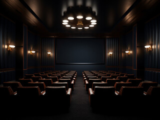 A stylish black cinema room featuring minimalist furniture and chic room decor. AI Generation.