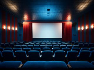 A cozy blue cinema room with plush furniture. AI Generation.
