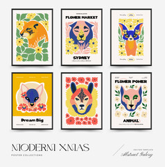 Abstract floral and animal posters template. Modern trendy Matisse minimal style.Kids and Child wall art. Hand drawn design for wallpaper, wall decor, print, postcard, cover, template, banner.