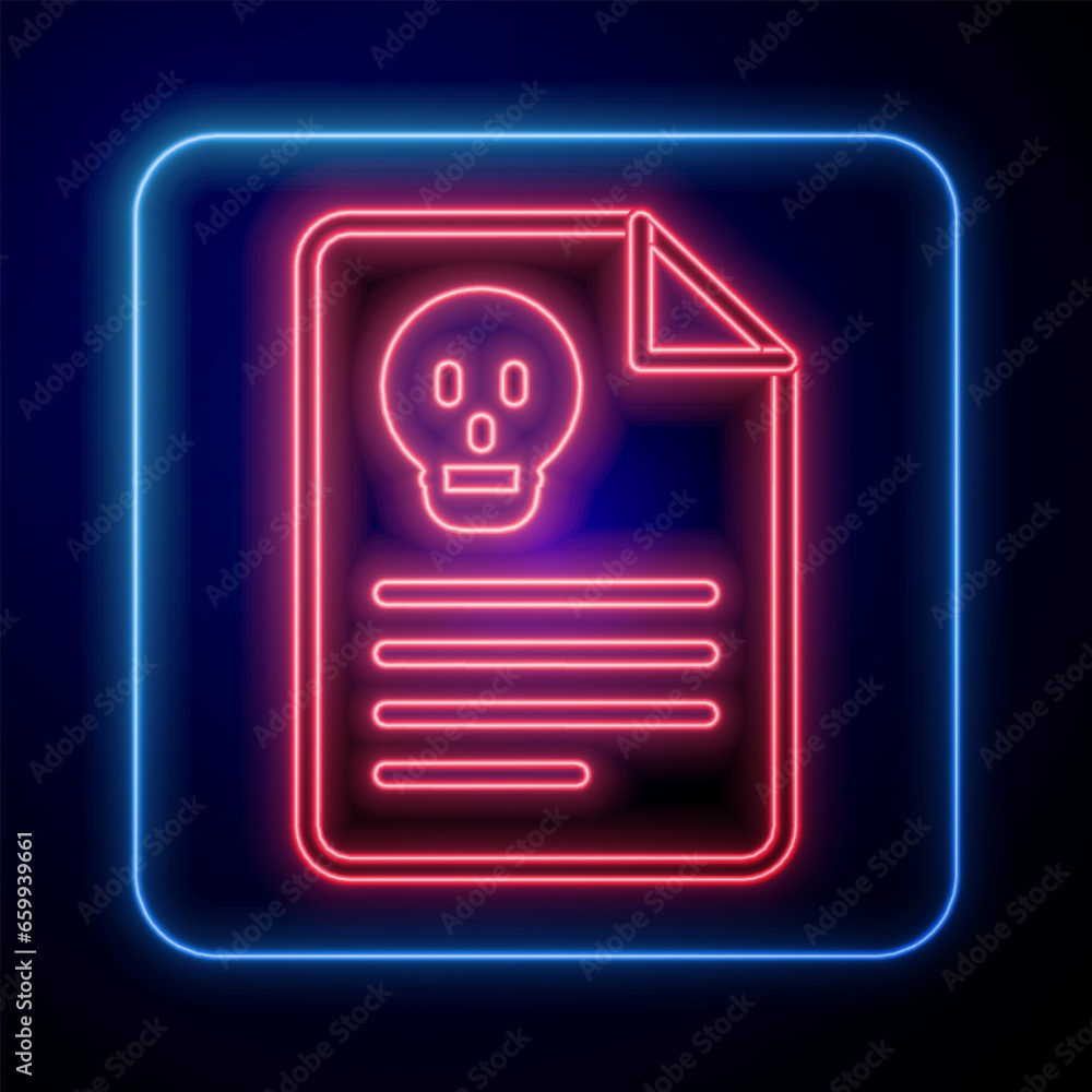Poster glowing neon radiation warning document icon isolated on black background. text file. vector